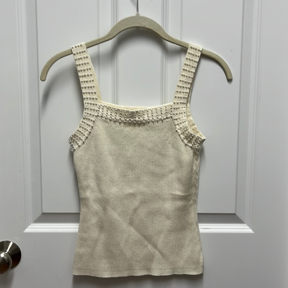 FAUX‎ PEARL EMBELLISHED RIBBED KNIT TOP IN CREAM
